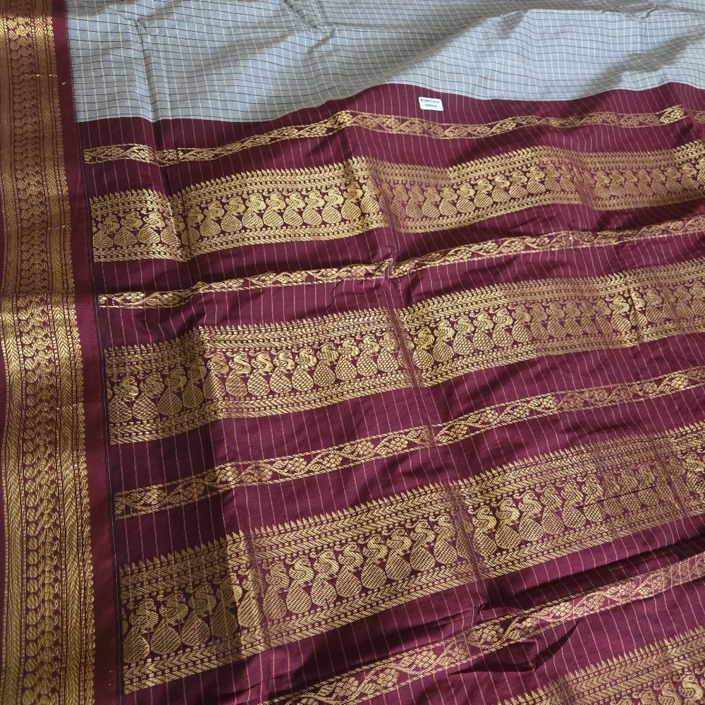 Brand NEW Silvery Grey Cotton Gadwal Saree With Maroon Zari Border & BP